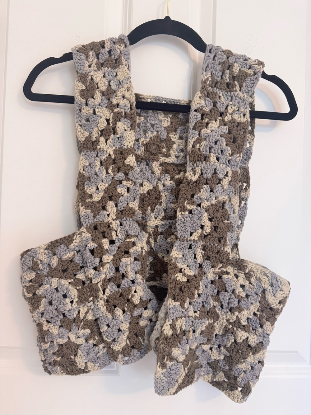 Handmade Crochet Granny Square Vest Gray Brown Cream Boho Open Front